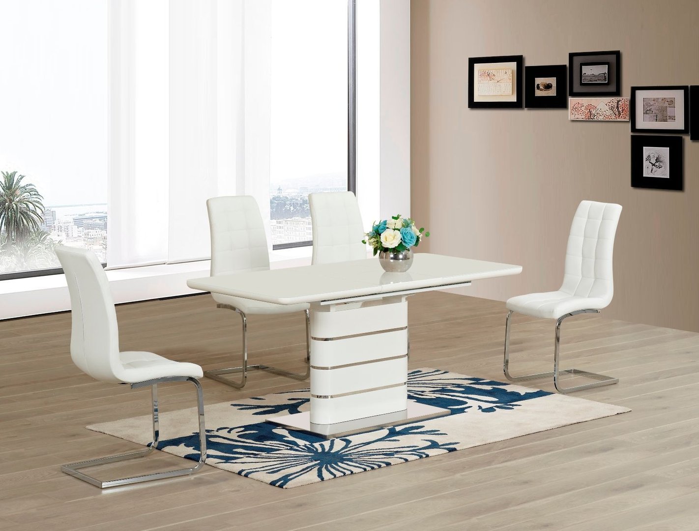 White glass with High Gloss Dining table & 4 Chairs - Homegenies