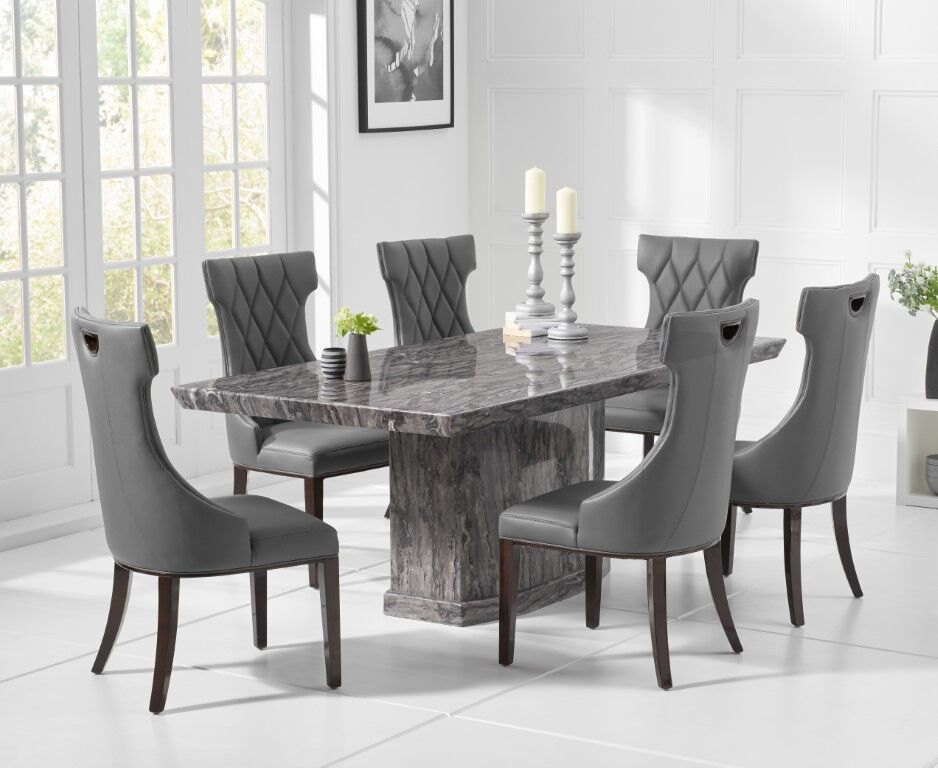 8 Seater natural grey marble dining table and chairs - Homegenies