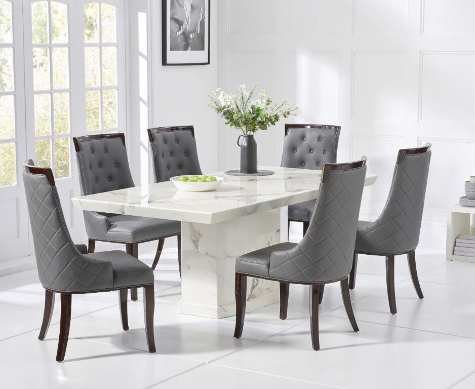Stylish white marble dining table with 6 grey chairs - Homegenies