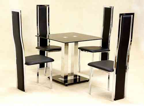 Small square glass dining table and 4 faux chairs in black set