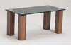 Black glass coffee table with dark oak finish base