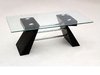Clear glass coffee table with black shaped wooden base