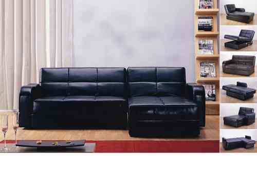 Corner faux leather sofa bed in black, brown, cream