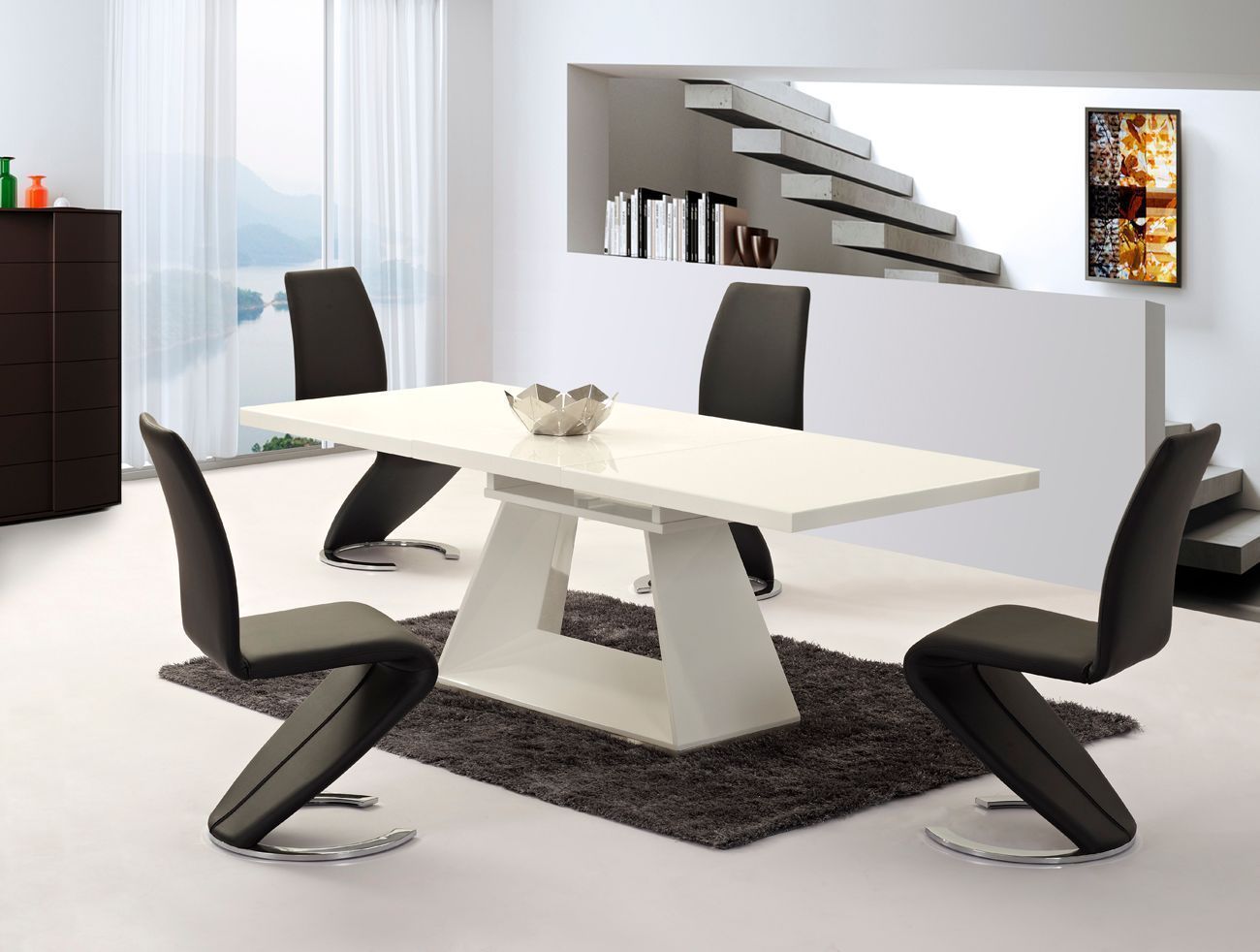 Glass Extending white high gloss dining table and 4 chairs