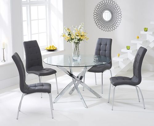 110cm Round glass dining table and 4 grey chairs