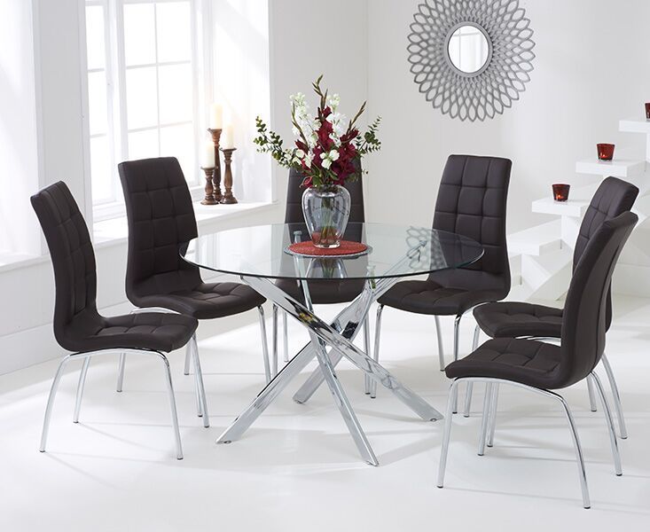 120cm Round Glass Dining Table And 6, Round Glass Dining Table With Leather Chairs And