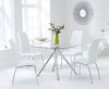 100cm Square glass dining table and 4 white chairs