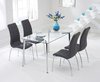 130cm clear glass dining table and 4 grey chairs