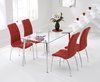 130cm clear glass dining table and 4 red chairs