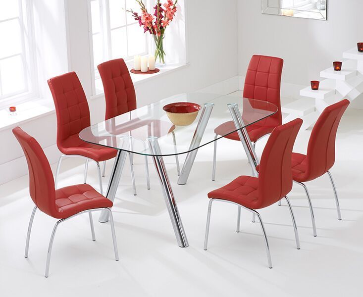 160cm Glass Dining Table And 6 Red, Red Leather Dining Chairs Glass Table