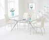 150cm clear glass dining table and 6 cream chairs