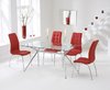 150cm clear glass dining table and 6 red chairs