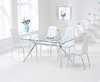 150cm clear glass dining table and 6 white chairs