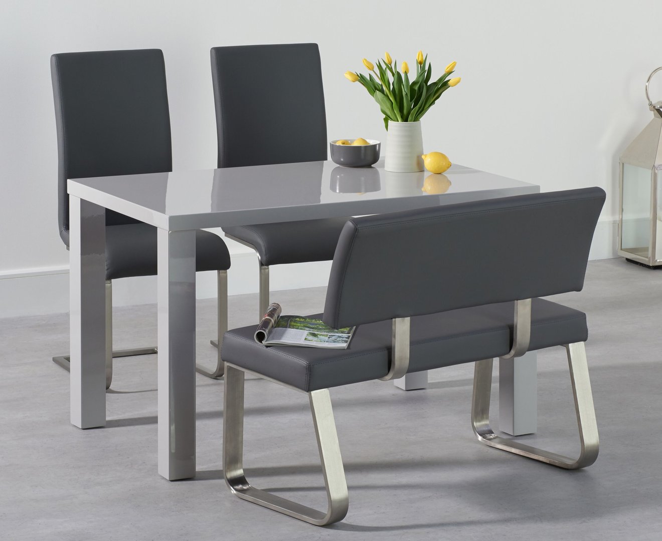 Grey High Gloss Dining Table Bench Set, Small Dining Table With 2 Chairs And Bench