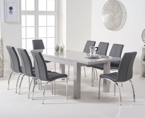 Extendable light grey high gloss dining table and chairs