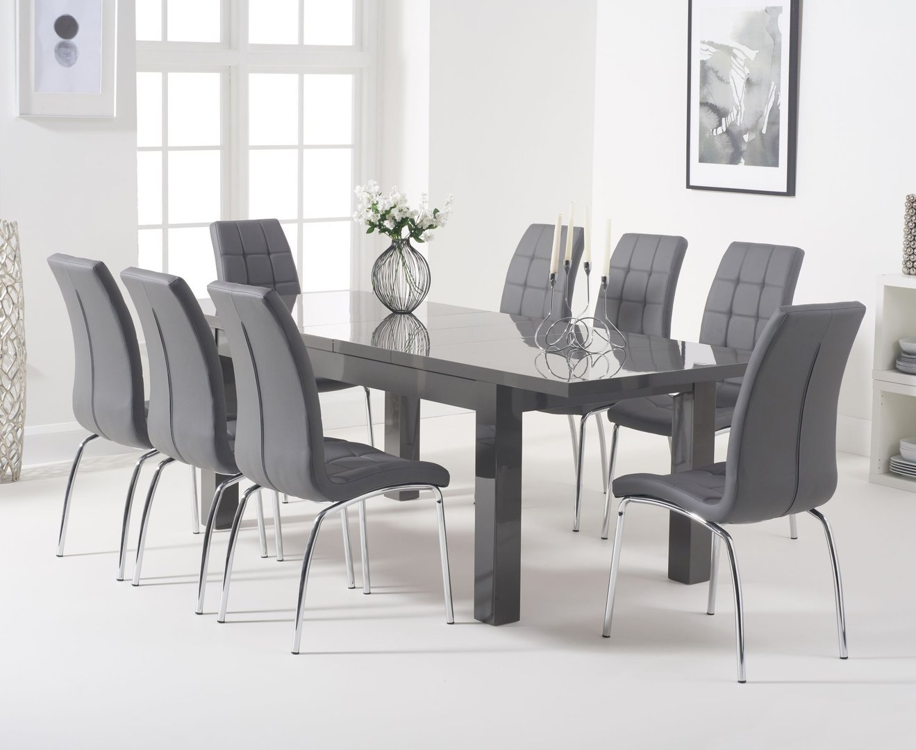 Dark Grey Extending Gloss Dining Table, Dining Table 8 Chairs Set