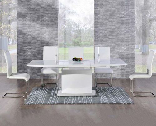 Extending 6 seater white high gloss dining table and white chairs