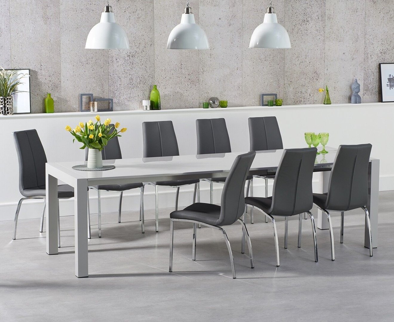 10 Seater Light Grey High Gloss Dining Table Chairs Homegenies