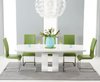 180-220cm White high gloss dining table with 8 green chairs
