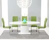 200cm Oval white high gloss dining table and 6 green chairs