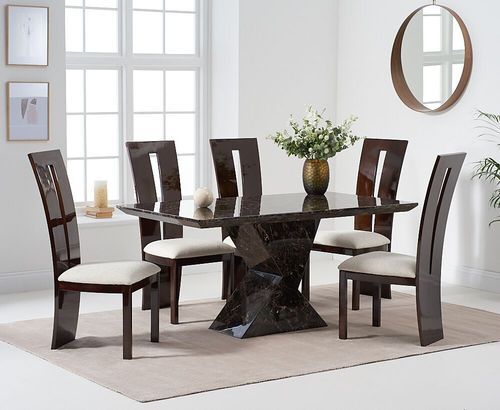Brown marble dining table and 6 gloss fabric chairs