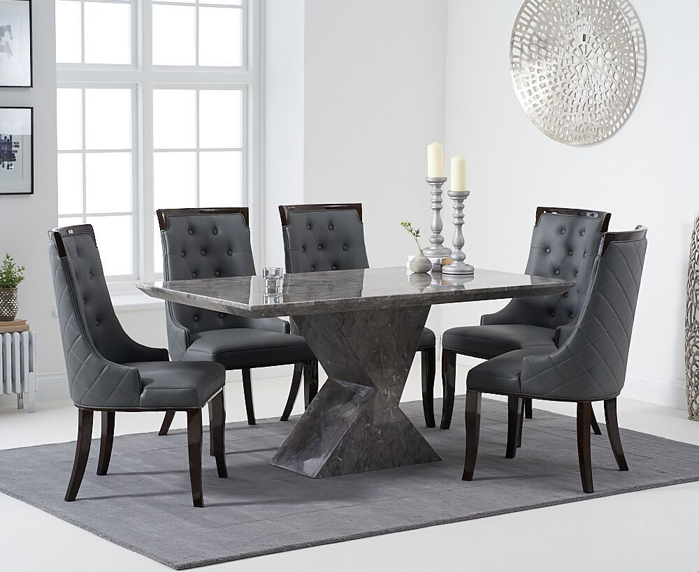 Grey marble dining table and 6 chairs set - Homegenies