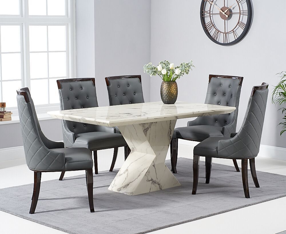 White Marble Dining Table And 6 Grey, Marble Dining Table And 6 Leather Chairs