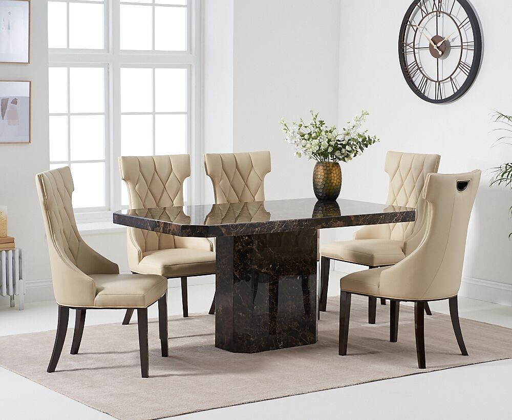 Brown Marble Dining Table With 6 Cream Modern Chairs Homegenies