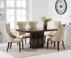 Brown marble dining table with 6 cream modern chairs