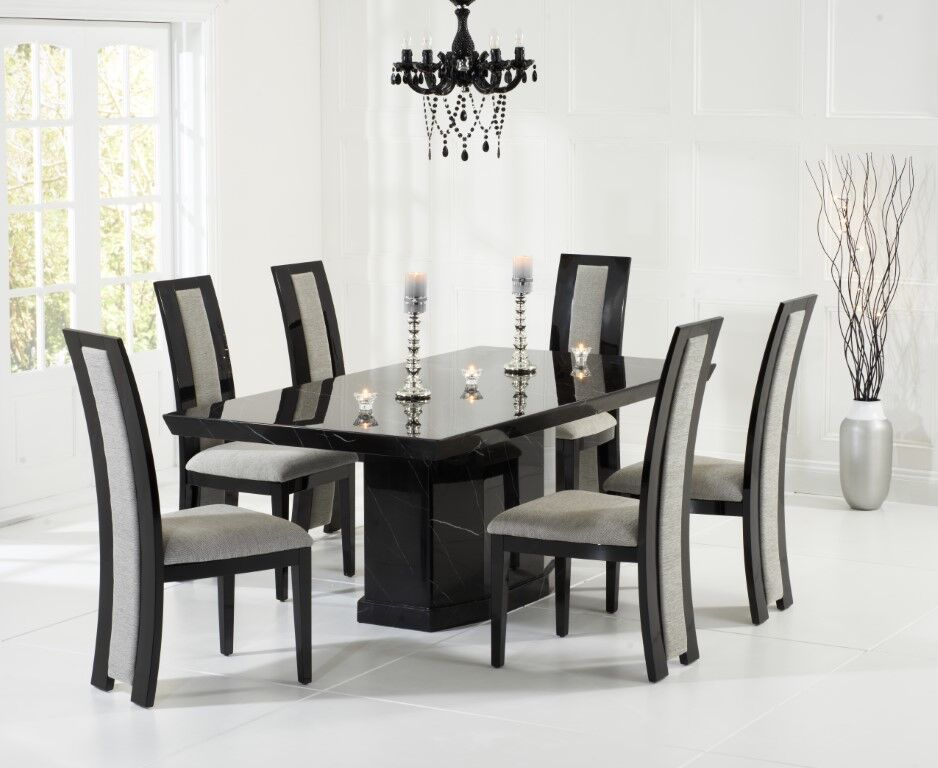 Black Marble Dining Table With 6 Chairs, Marble Dining Table Set For 6