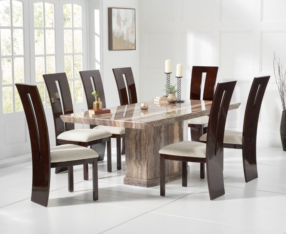 Natural Brown Marble Dining Table And 8, Marble Dining Table Set For 8