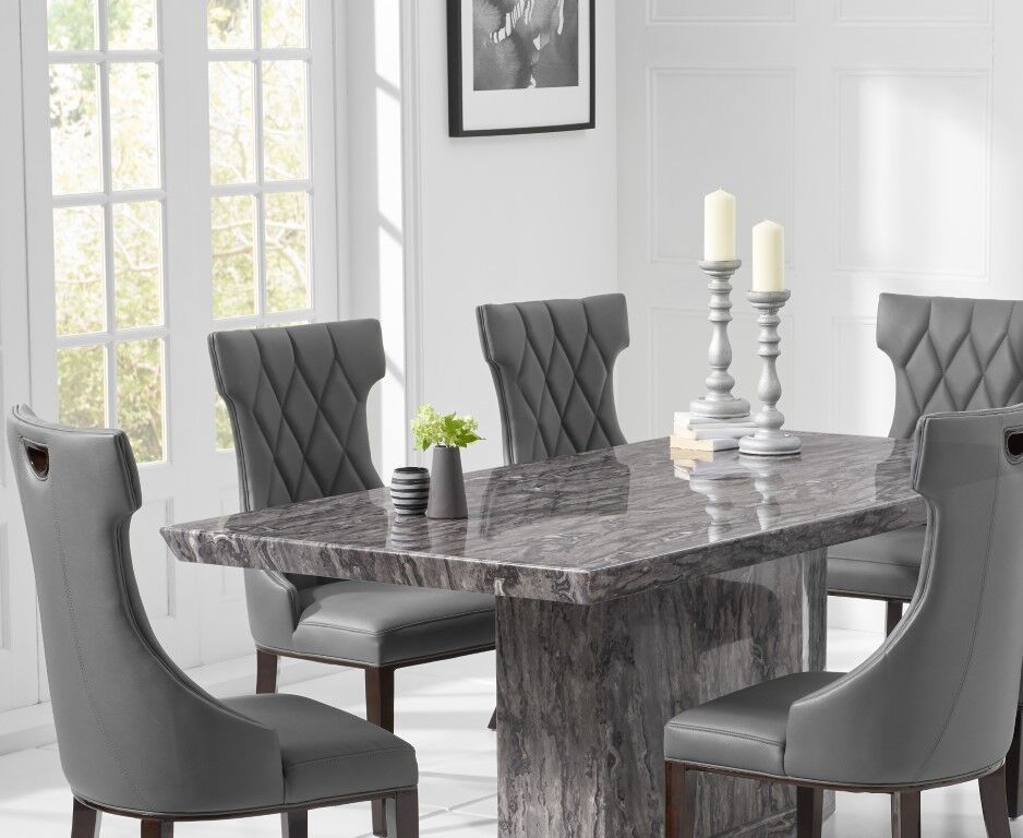 6 Seater natural grey marble dining table and chairs - Homegenies