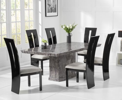 Natural grey marble dining table and 6 black gloss chairs