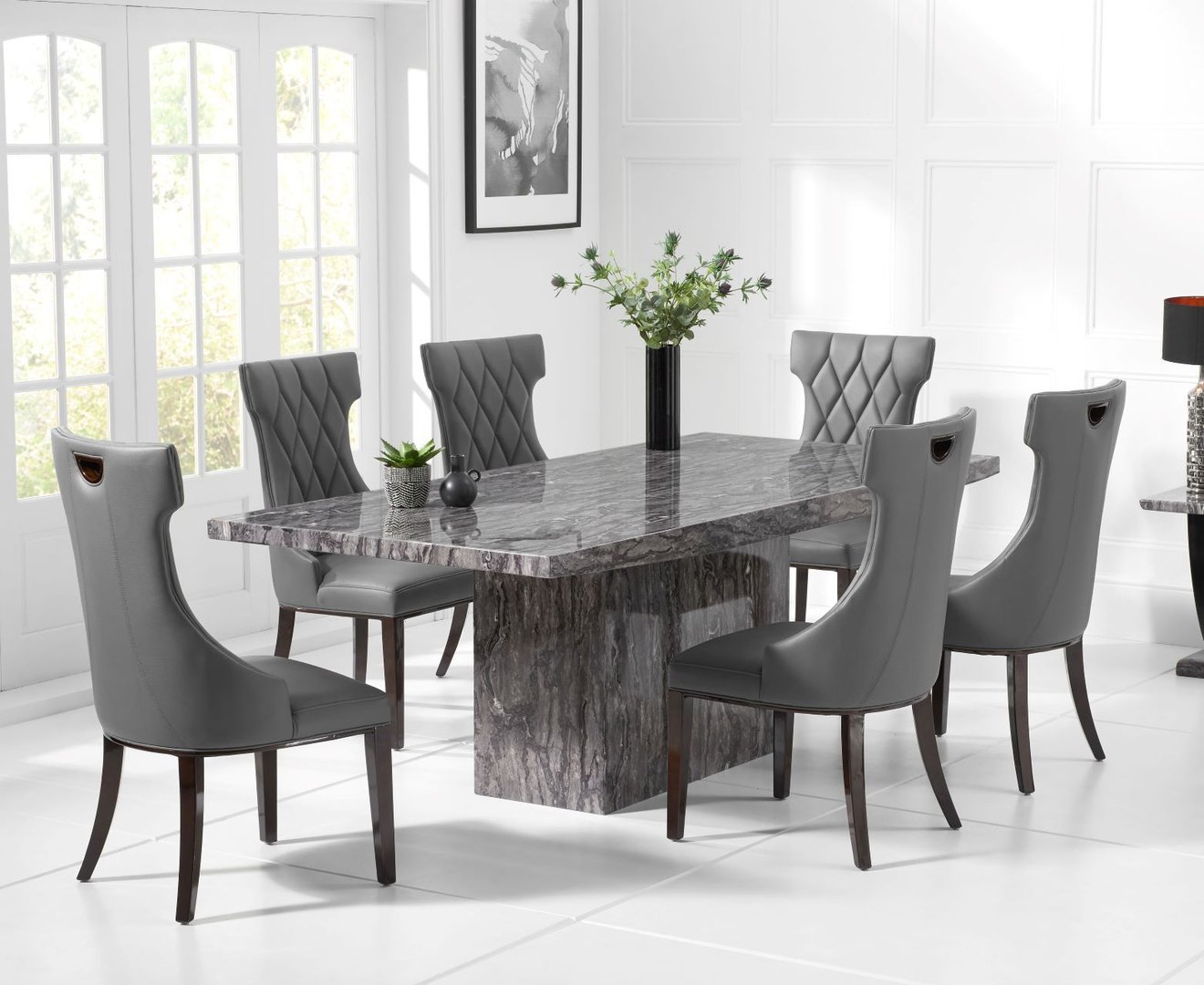 Modern grey marble dining table set with 6 chairs - Homegenies