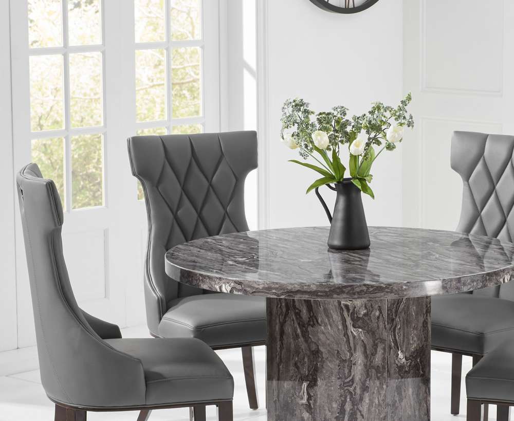 Round grey marble dining table with 4 chairs - Homegenies