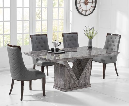 V Grey marble dining table and 6 grey chairs