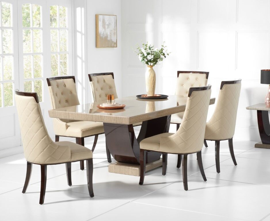 170cm Brown Marble Dining Table And 6 Cream Chairs Homegenies