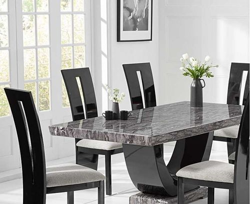 170cm Dark grey dining table and 6 black gloss chairs