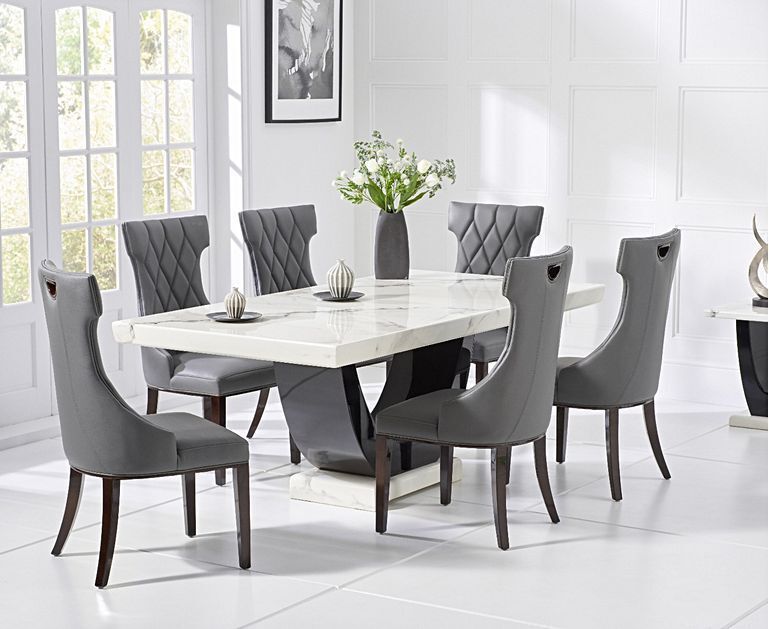 White Marble Dining Table 6 Pattern, Marble Table With 6 Leather Chairs