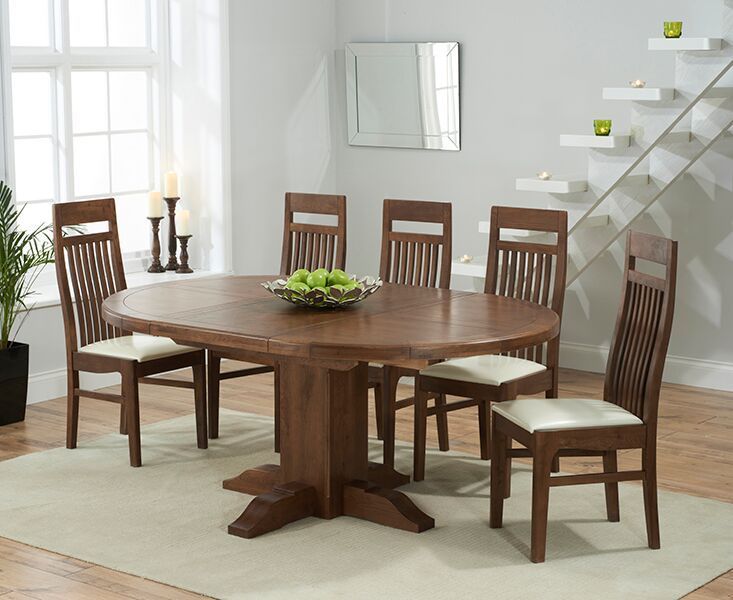 125 180cm Round Dark Oak Dining Table, Oak Round Table And 6 Chairs