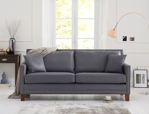 Grey 3 seater leather sofa with stud detail