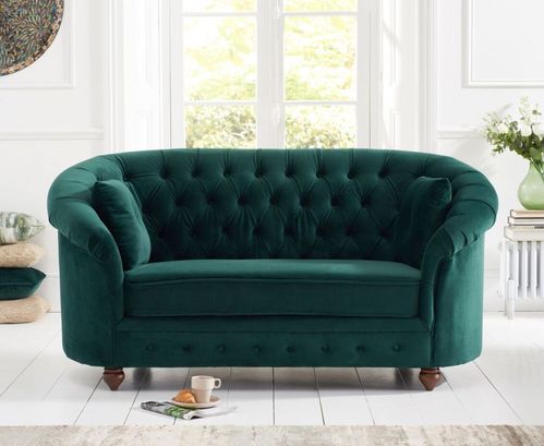 Rounded green plush velvet 2 seater sofa