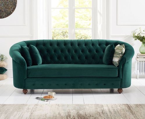 Rounded green plush velvet 3 seater sofa