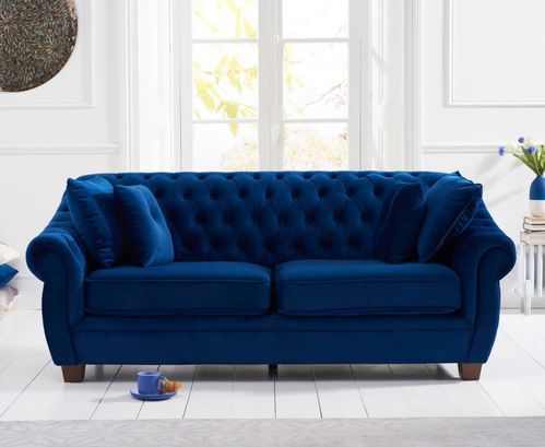 Chesterfield Blue Plush Velvet 3 Seater Sofa