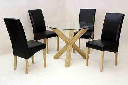Round glass dining table oak base and 4 chairs
