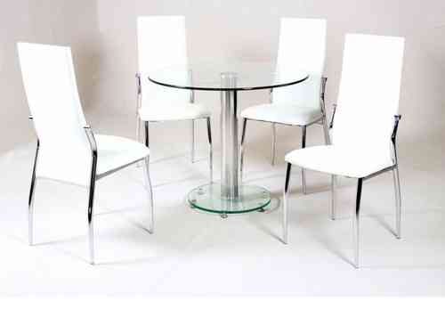 Small round clear glass dining table and 4 faux chairs in cream set