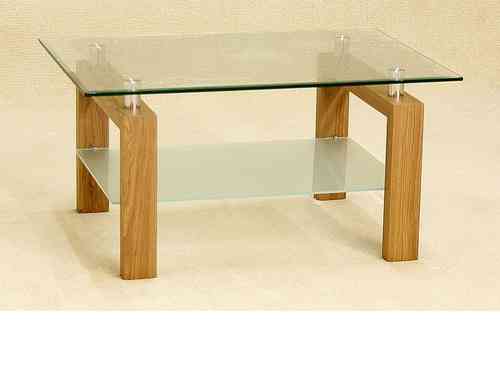 Clear glass coffee table with wood oak finish base