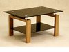 Black glass coffee table with wood oak finish base