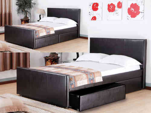 Faux leather bed with 2 storage drawers in Brown