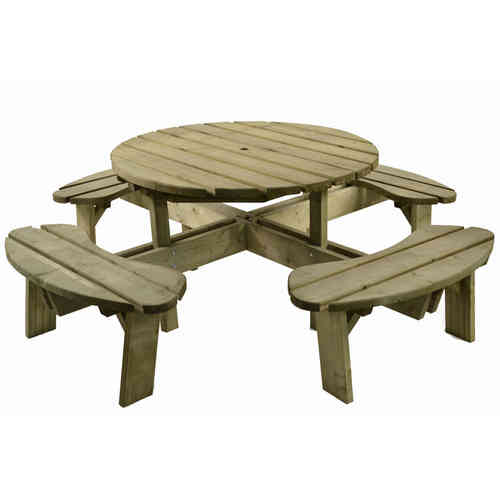 Round Wooden 8 Seater Picnic Bench Table Set